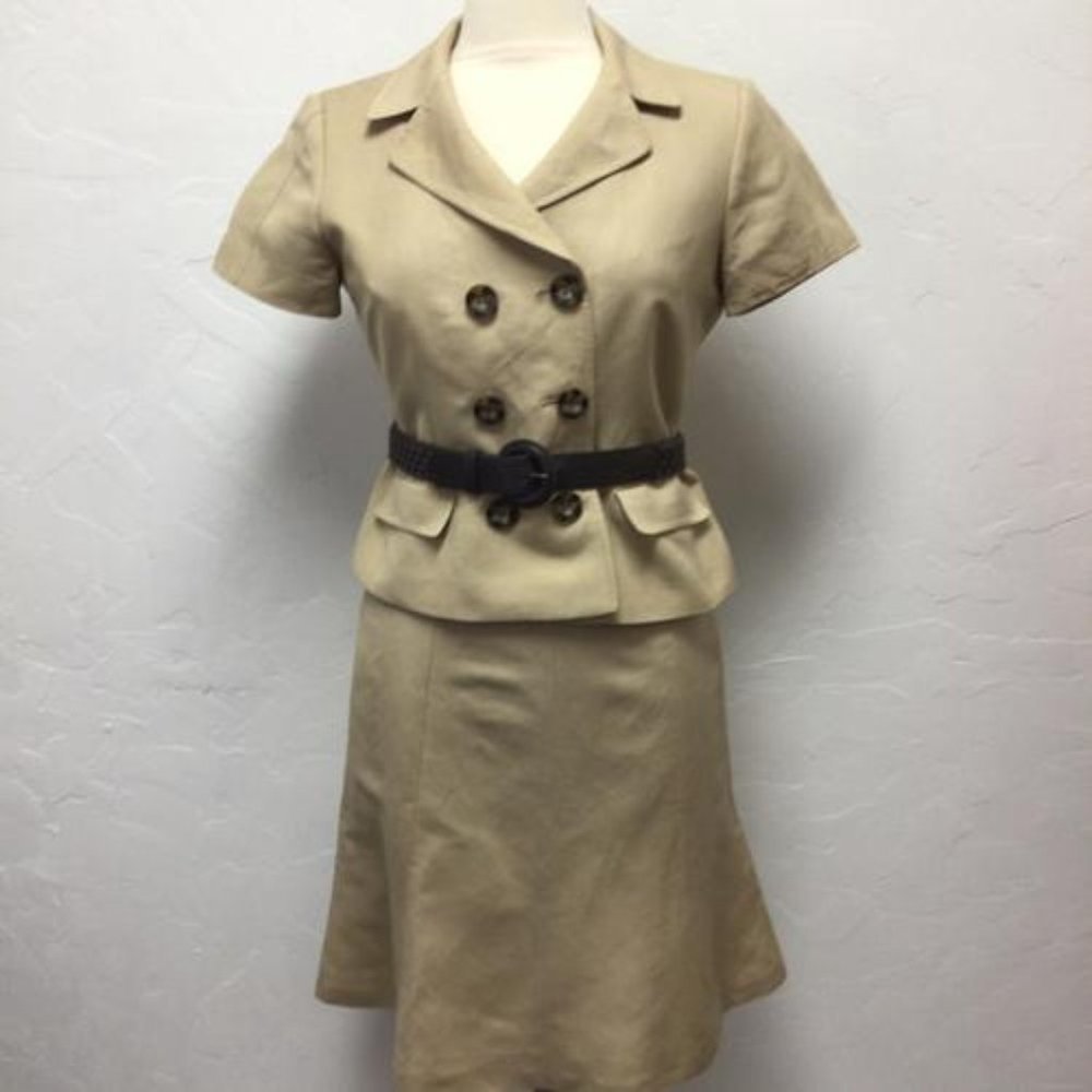 TAHARI Size 6P Tan 2 Piece suit skirt Set brown leather woven cute